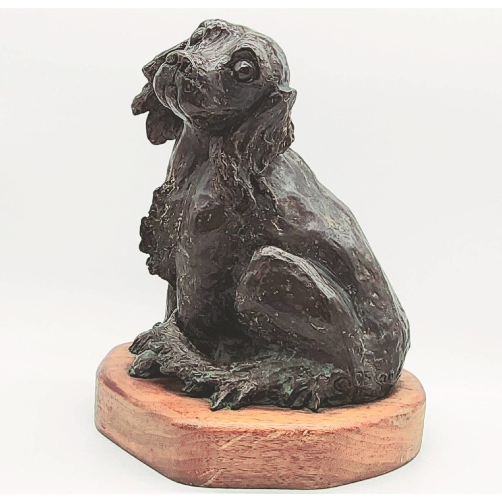 Original Bronze Seated English Cocker Spaniel Puppy Dog Statue Sculpture Vintage